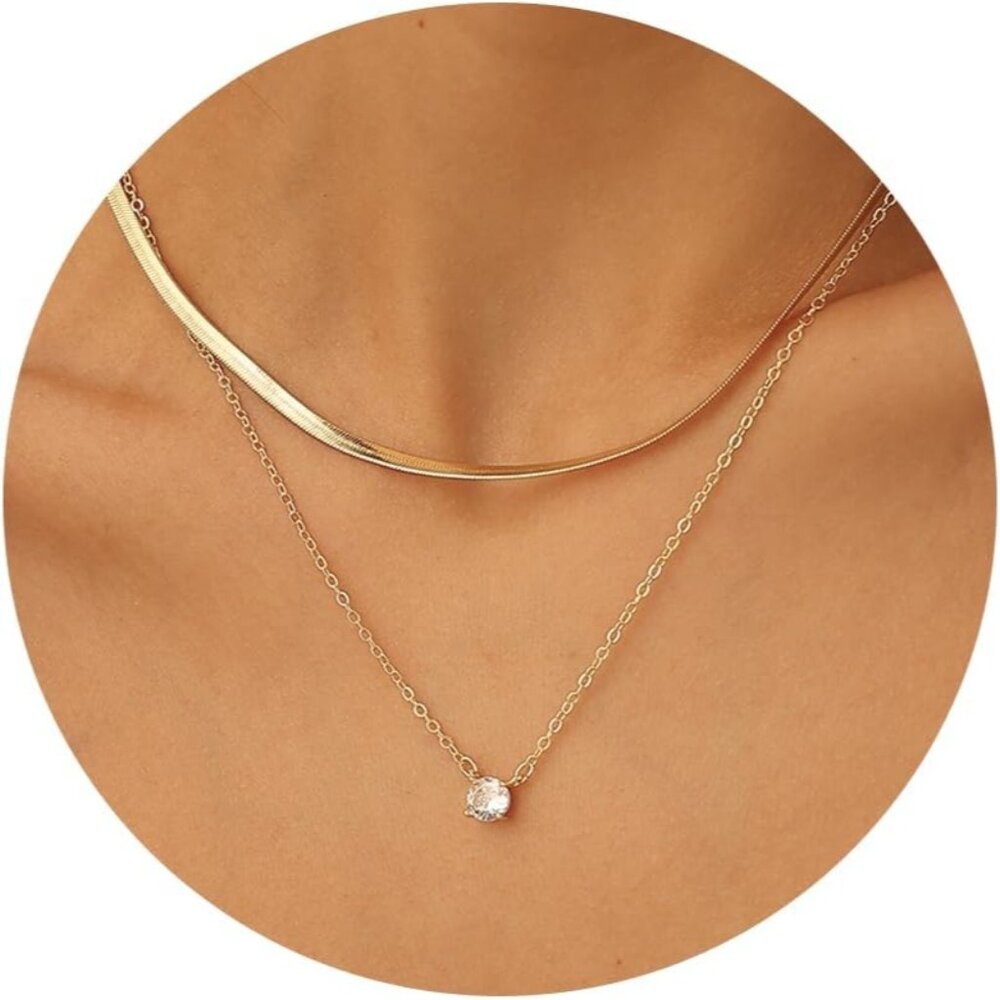 Women's Dainty Gold Necklace-14k Gold Plated Solitaire Cubic Zirconia Necklaces